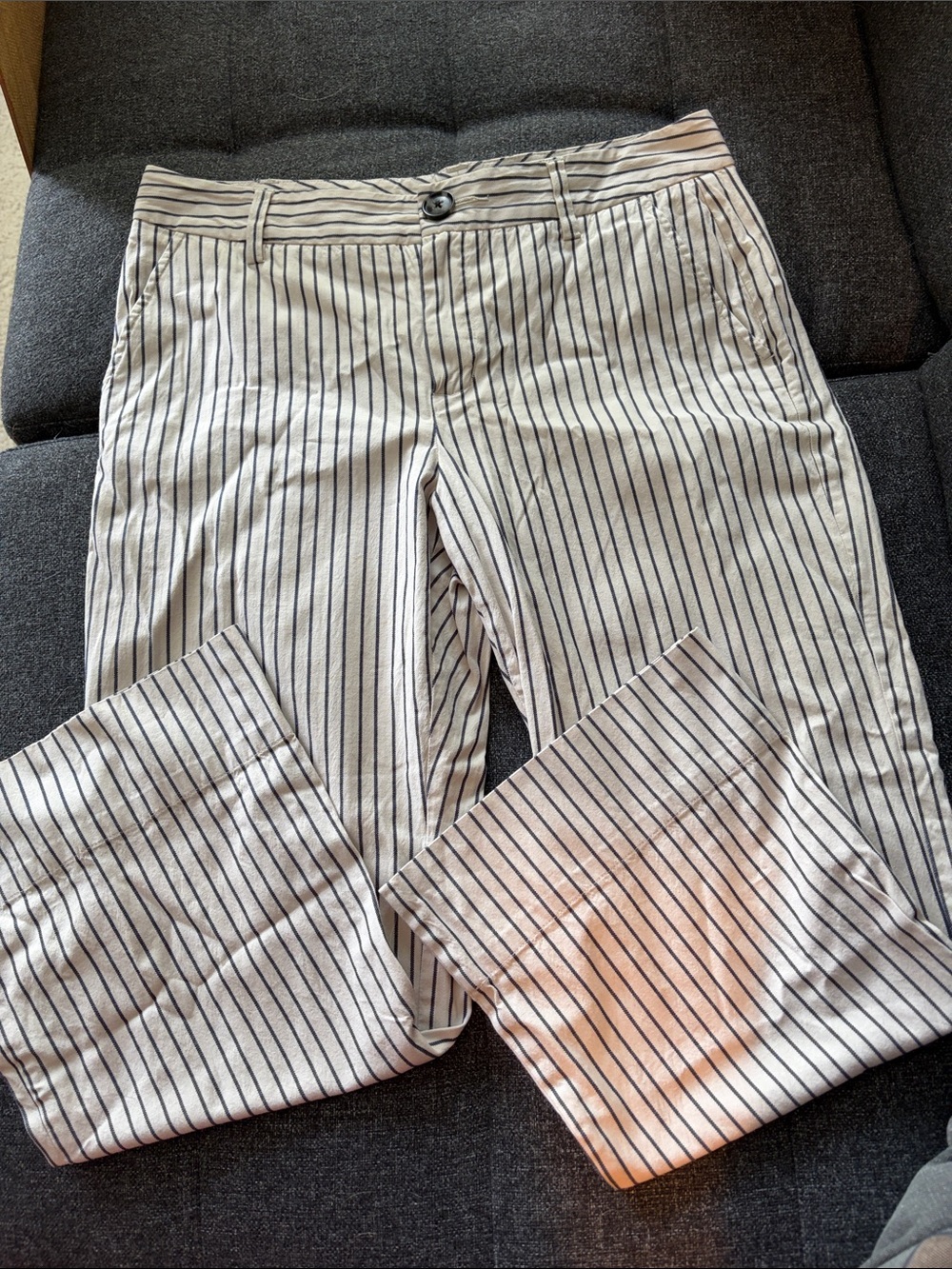 CAbi Cream and Black Pinstripe Boot Cut Pants
